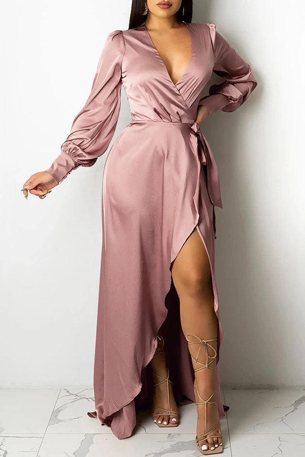 Solid Color Deep V Neck Luxe Lace-Up Split Maxi Dress 1 Solid Color Deep V Neck Luxe Lace-Up Split Maxi Dress