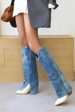 Denim Patchwork Unique Fold Over Block Boots -Clothing Outlet Store H21102020 BL 2
