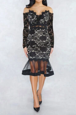 Floral Lace Off Shoulder Glamorous Fishtail Midi Dress -Clothing Outlet Store H21102619 BK 3 61a8c003 bebf 4f29 a092 274553ee0802