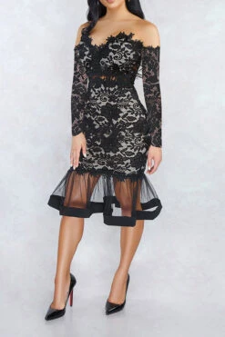 Floral Lace Off Shoulder Glamorous Fishtail Midi Dress -Clothing Outlet Store H21102619 BK 4 1bf06fa5 8bb2 4865 b1c9 e978c3e87e8d