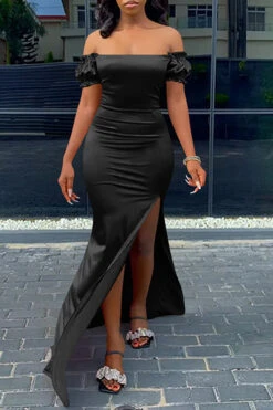 Solid Color Off Shoulder Ruffles Sweet Split Maxi Dress -Clothing Outlet Store H21111019 BK 1