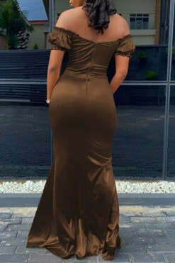 Solid Color Off Shoulder Ruffles Sweet Split Maxi Dress -Clothing Outlet Store H21111019 CO 2