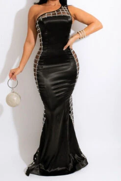 Rhinestone Patchwork One Shoulder Luxe Fishtail Maxi Dress