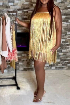 Yellow Party Tassels Mini Dress -Clothing Outlet Store H21121006 YE 3