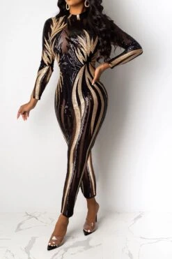 Sequined Round Neck Retro See-Through Jumpsuit