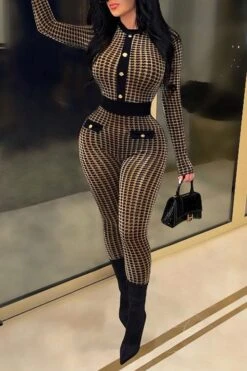 Houndstooth Round Neck Retro Button Design Jumpsuit