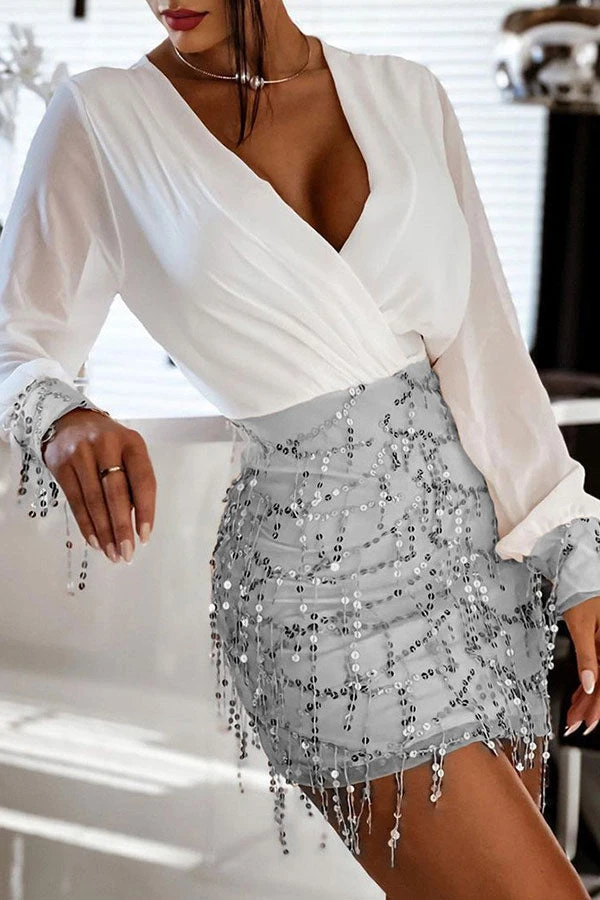 Sequined Tassels Deep V Neck Glamorous Mini Dress 1 Sequined Tassels Deep V Neck Glamorous Mini Dress