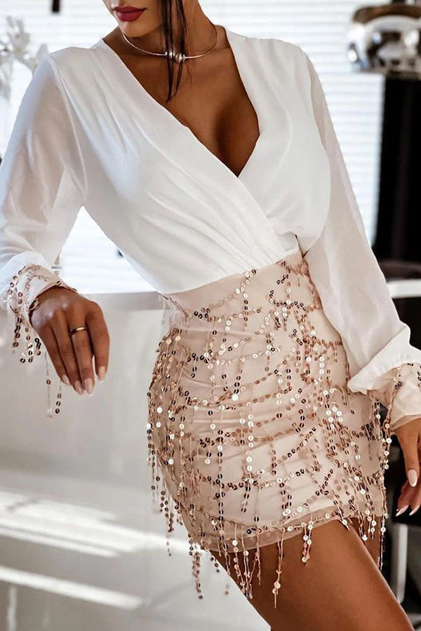 Sequined Tassels Deep V Neck Glamorous Mini Dress 2 Sequined Tassels Deep V Neck Glamorous Mini Dress - Image 2