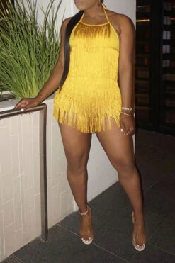 Solid Color Halter Collar Smart Tassels Romper -Clothing Outlet Store H21122914 YE 4