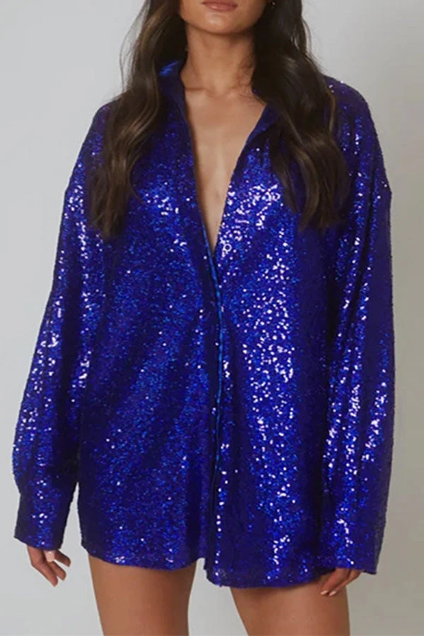 Sequined Lapel Sparkly Button Down Mini Dress 13 Sequined Lapel Sparkly Button Down Mini Dress - Image 13