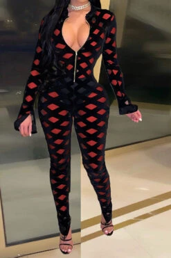 Geometric Print Zipper Flattering Bodycon Jumpsuit -Clothing Outlet Store H22010632 RE 1