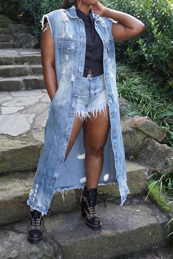 Ripped Lapel Stylish Button Down Denim Cape 1 Ripped Lapel Stylish Button Down Denim Cape