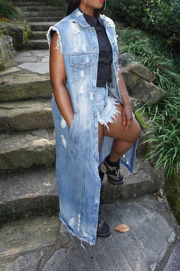 Ripped Lapel Stylish Button Down Denim Cape 3 Ripped Lapel Stylish Button Down Denim Cape - Image 3