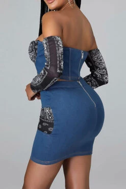 Paisley Patchwork Bandeau Romantic Denim Dress Suit -Clothing Outlet Store H22022204 BL 3