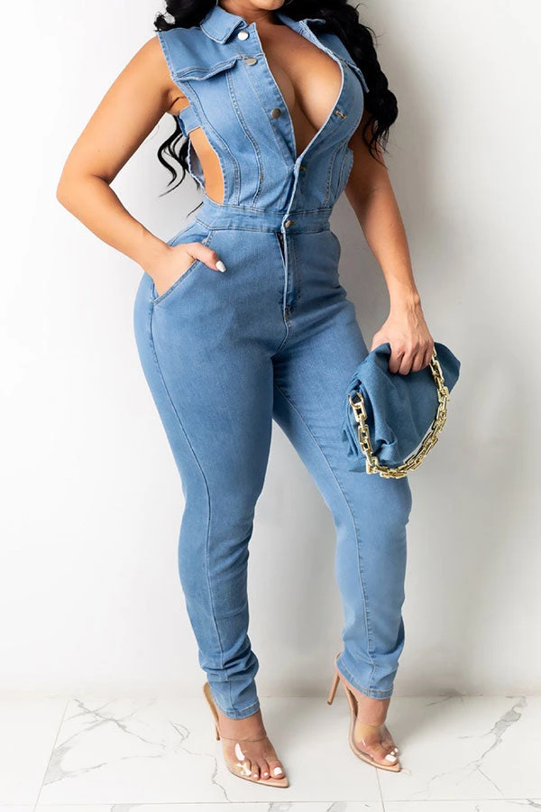 Denim Pretty Cutout Button Down Jumpsuit 1 Denim Pretty Cutout Button Down Jumpsuit