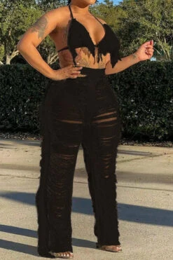 Solid Color Romantic Ripped Tassels Knitted Pant Suit Beachwear 20 Solid Color Romantic Ripped Tassels Knitted Pant Suit Beachwear -Clothing Outlet Store H22022319 BK 1