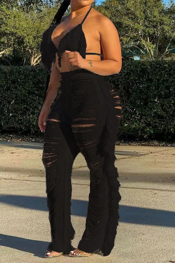 Solid Color Romantic Ripped Tassels Knitted Pant Suit Beachwear 7 Solid Color Romantic Ripped Tassels Knitted Pant Suit Beachwear - Image 7