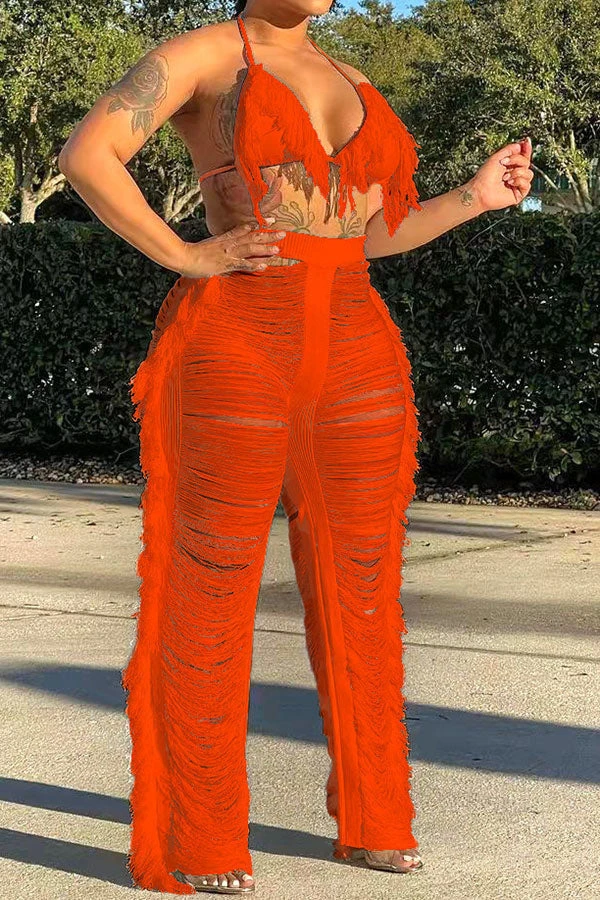 Solid Color Romantic Ripped Tassels Knitted Pant Suit Beachwear 9 Solid Color Romantic Ripped Tassels Knitted Pant Suit Beachwear - Image 9