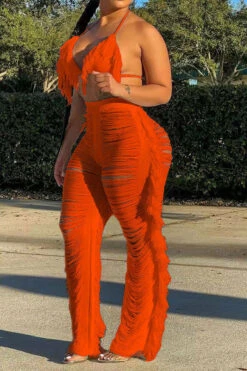 Solid Color Romantic Ripped Tassels Knitted Pant Suit Beachwear 24 Solid Color Romantic Ripped Tassels Knitted Pant Suit Beachwear -Clothing Outlet Store H22022319 OR 2