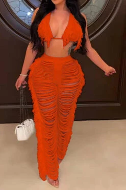 Solid Color Romantic Ripped Tassels Knitted Pant Suit Beachwear 25 Solid Color Romantic Ripped Tassels Knitted Pant Suit Beachwear -Clothing Outlet Store H22022319 OR 3