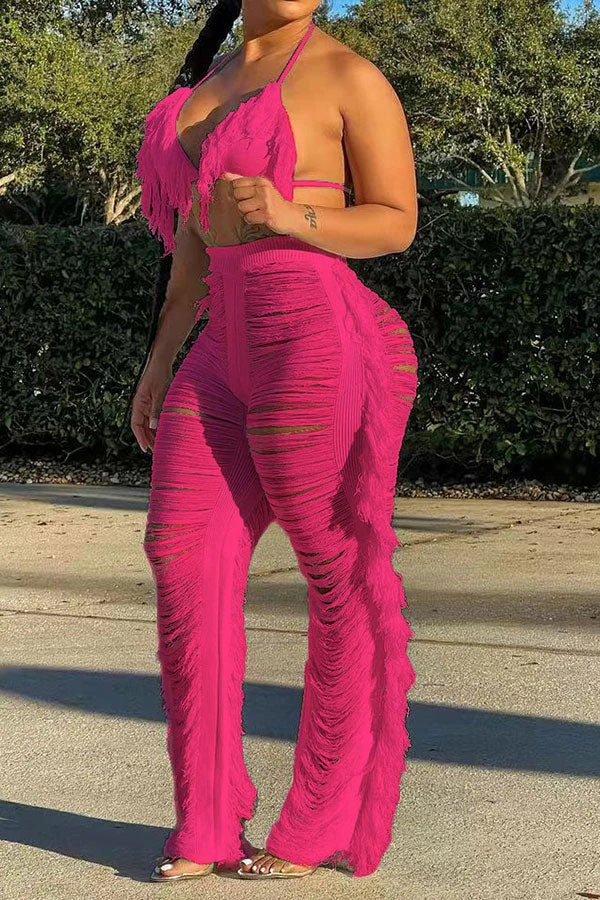Solid Color Romantic Ripped Tassels Knitted Pant Suit Beachwear 13 Solid Color Romantic Ripped Tassels Knitted Pant Suit Beachwear - Image 13