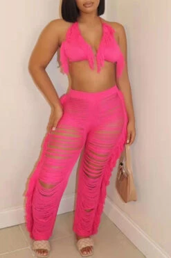 Solid Color Romantic Ripped Tassels Knitted Pant Suit Beachwear 29 Solid Color Romantic Ripped Tassels Knitted Pant Suit Beachwear -Clothing Outlet Store H22022319 RR 3