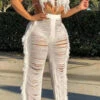 Solid Color Romantic Ripped Tassels Knitted Pant Suit Beachwear