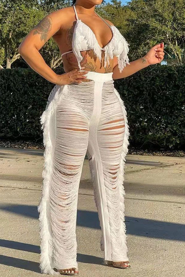 Solid Color Romantic Ripped Tassels Knitted Pant Suit Beachwear 1 Solid Color Romantic Ripped Tassels Knitted Pant Suit Beachwear