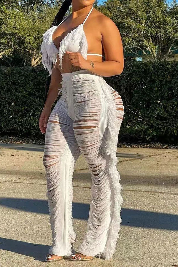 Solid Color Romantic Ripped Tassels Knitted Pant Suit Beachwear 2 Solid Color Romantic Ripped Tassels Knitted Pant Suit Beachwear - Image 2