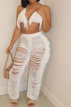 Solid Color Romantic Ripped Tassels Knitted Pant Suit Beachwear 18 Solid Color Romantic Ripped Tassels Knitted Pant Suit Beachwear -Clothing Outlet Store H22022319 WH 4