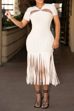 Solid Color Cutout Chic Tassels Midi Dress -Clothing Outlet Store H22030243 WH 1