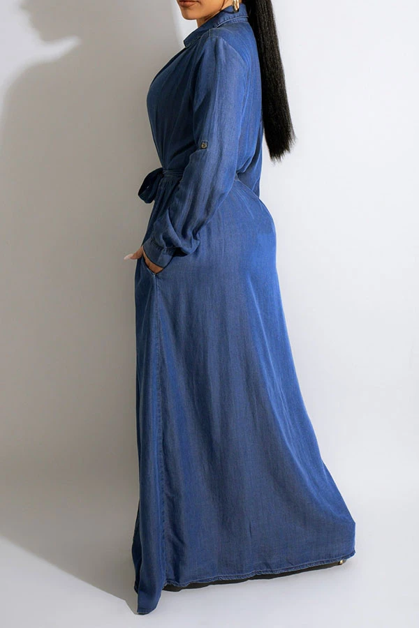 Denim Shirt Collar Feminine Button Down Belted Maxi Dress 2 Denim Shirt Collar Feminine Button Down Belted Maxi Dress - Image 2