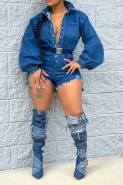 Denim Bowknot Stunning Puff Sleeve Romper