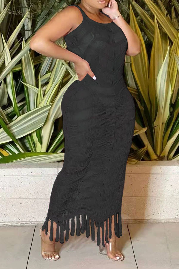 Solid Color Sophisticated Jacquard Knitted Tassels Maxi Dress Beachwear 5 Solid Color Sophisticated Jacquard Knitted Tassels Maxi Dress Beachwear - Image 5