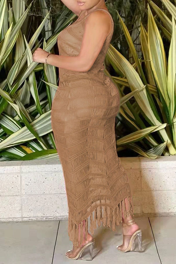 Solid Color Sophisticated Jacquard Knitted Tassels Maxi Dress Beachwear 9 Solid Color Sophisticated Jacquard Knitted Tassels Maxi Dress Beachwear - Image 9