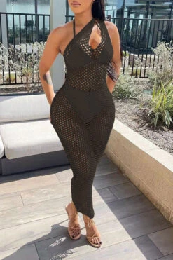 Solid Color Casual Fishnet See-Through Maxi Dress Beachwear -Clothing Outlet Store H22030834 BK 2