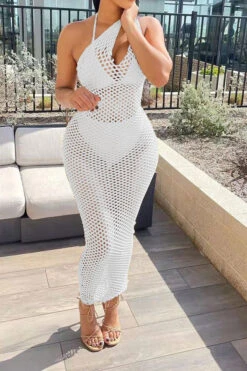 Solid Color Casual Fishnet See-Through Maxi Dress Beachwear -Clothing Outlet Store H22030834 BK 4
