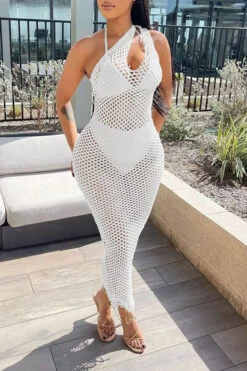 Solid Color Casual Fishnet See-Through Maxi Dress Beachwear -Clothing Outlet Store H22030834 BK 5