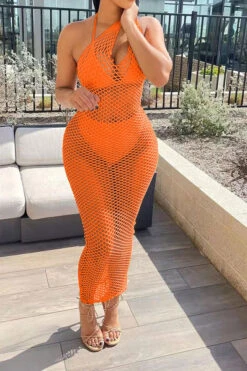 Solid Color Casual Fishnet See-Through Maxi Dress Beachwear -Clothing Outlet Store H22030834 OR 1