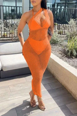 Solid Color Casual Fishnet See-Through Maxi Dress Beachwear -Clothing Outlet Store H22030834 OR 2