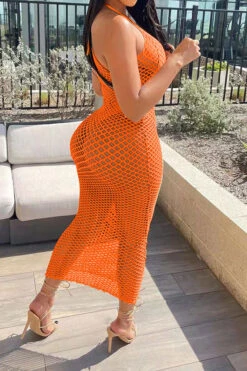Solid Color Casual Fishnet See-Through Maxi Dress Beachwear -Clothing Outlet Store H22030834 OR 3