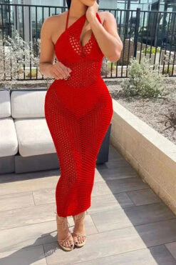 Solid Color Casual Fishnet See-Through Maxi Dress Beachwear -Clothing Outlet Store H22030834 RE 1