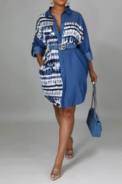 Tie Dye Patchwork Feminine Denim Mini Dress -Clothing Outlet Store H22031058 BL 1