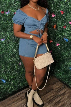 Solid Color Drawstring Sweet Denim Romper