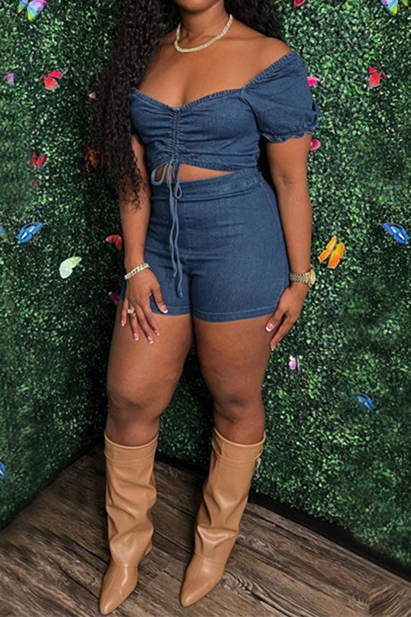 Solid Color Drawstring Sweet Denim Romper 2 Solid Color Drawstring Sweet Denim Romper - Image 2