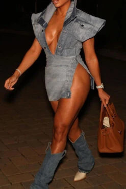 Denim Unique Button Design High Split Dress Suit -Clothing Outlet Store H22050318 RT 1 98d1d82d 4ce6 4667 b0e3 8f258f543990