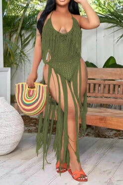 Solid Color Backless Romantic Crochet Cutout Tassel Beachwear -Clothing Outlet Store H22050361 AG 1