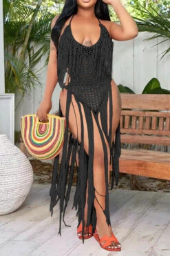 Solid Color Backless Romantic Crochet Cutout Tassel Beachwear -Clothing Outlet Store H22050361 BK 1