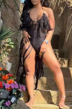 Solid Color Backless Romantic Crochet Cutout Tassel Beachwear -Clothing Outlet Store H22050361 BK 2