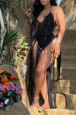 Solid Color Backless Romantic Crochet Cutout Tassel Beachwear -Clothing Outlet Store H22050361 BK 3